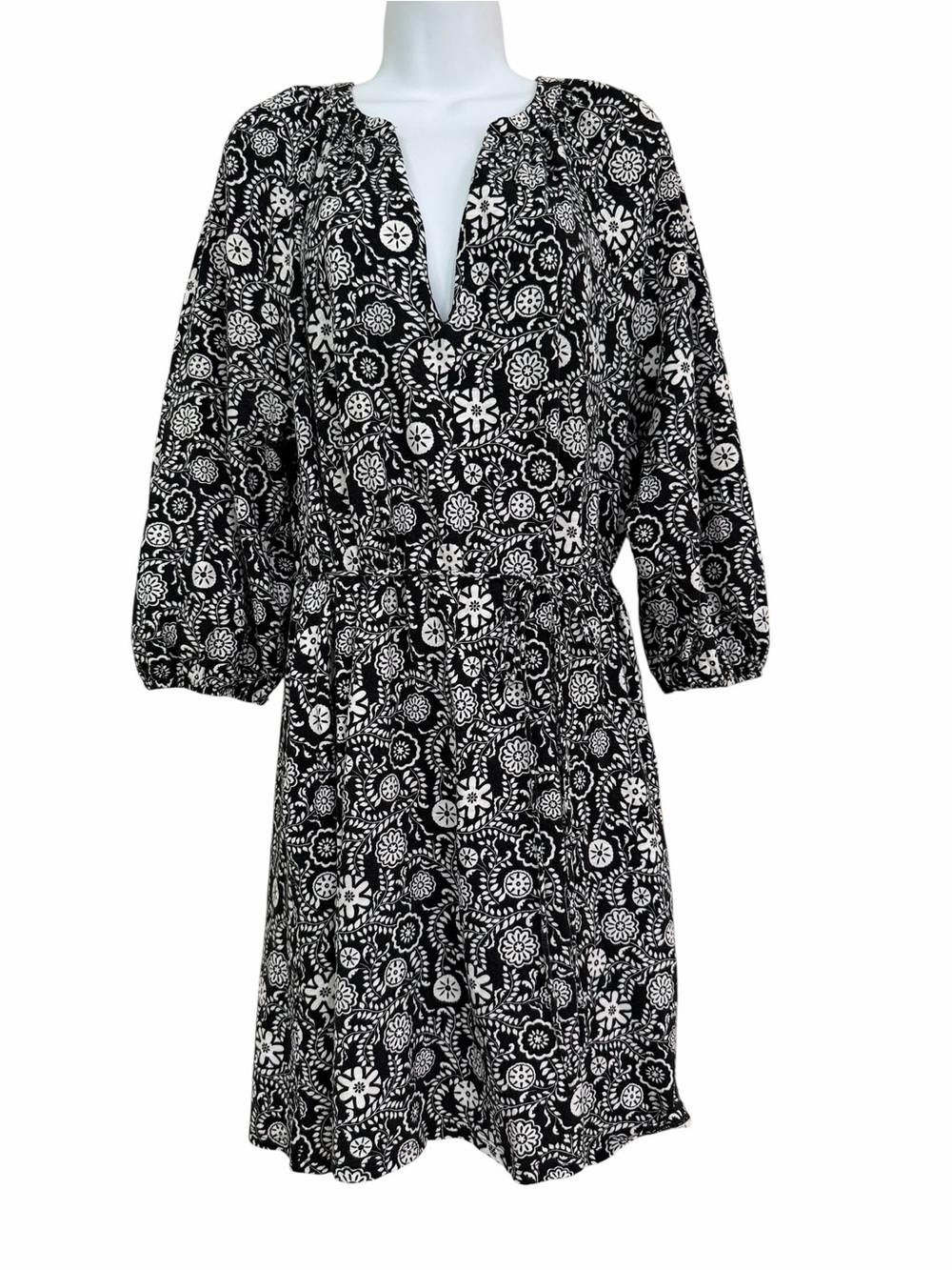 Boden Black White Cotton Floral Mini Dress Size 14 Knit V-neckline Peasant